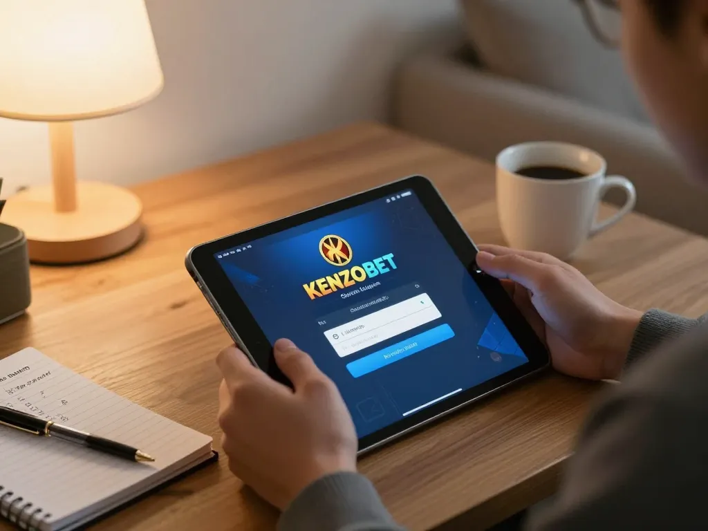 Using KENZOBET login on a tablet for exciting online slots in a cozy home environment.
