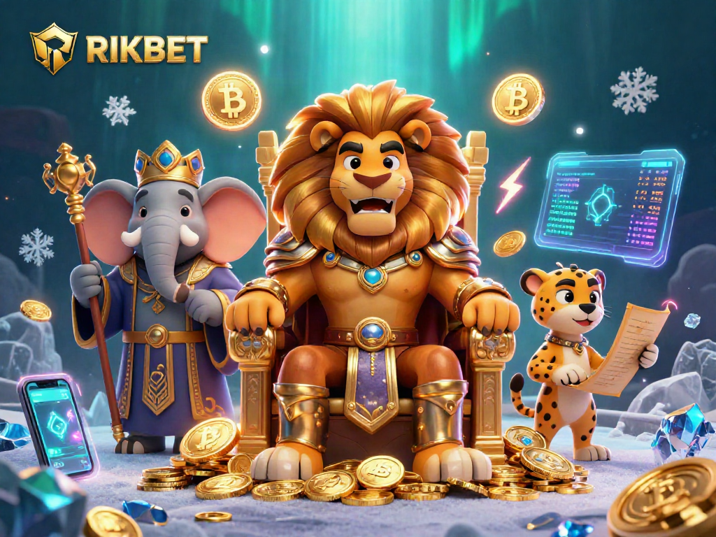 Engage with RIKBET's dynamic casino scene featuring a royal lion king, crypto elements, and exciting game visuals.