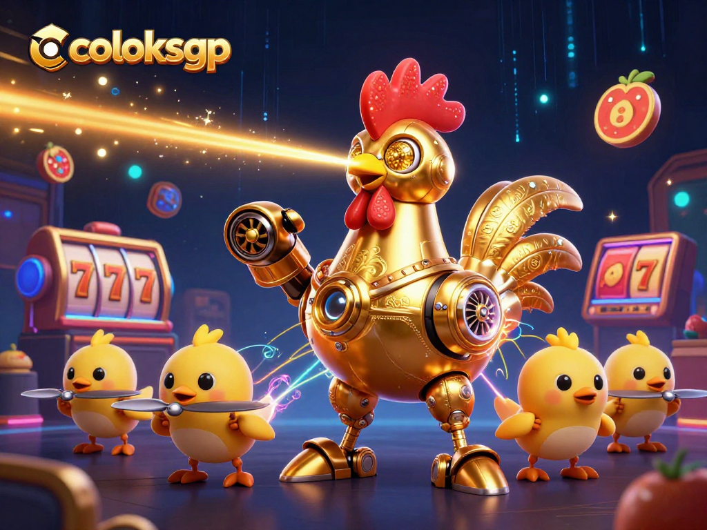 Mainkan coloksgp dengan robot ayam emas futuristik dan mesin game 3D yang berwarna-warni.