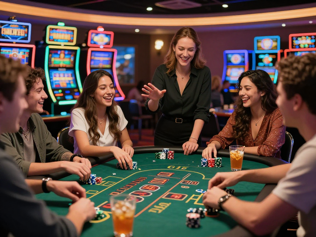 bos88 dalam suasana kasino yang ramai, teman bermain blackjack dengan ceria.