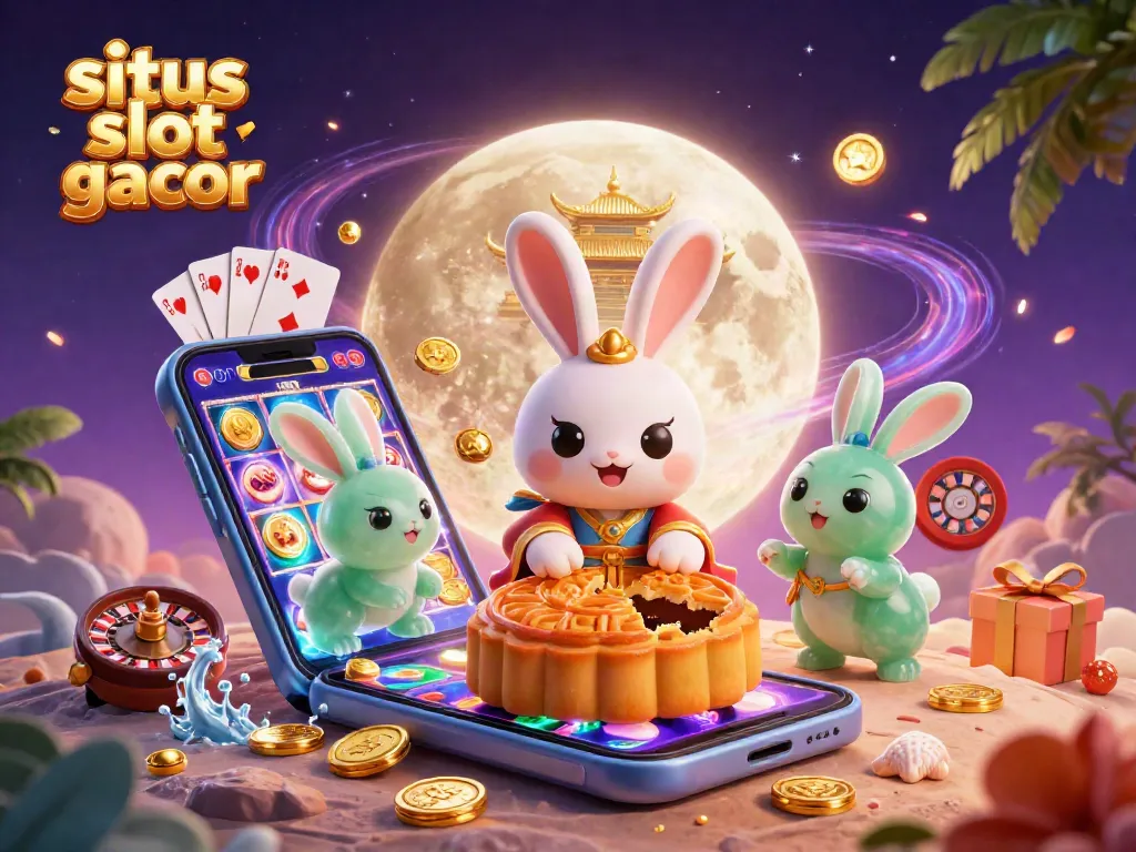Situs slot gacor menghadirkan ilustrasi 3D dengan kelinci bulan dan elemen kasino yang menarik.