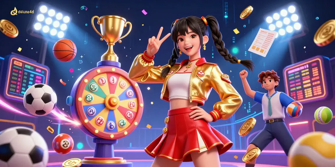 Play thrilling games at deluna4d with vibrant lottery balls and a prize wheel surrounding a joyful character.