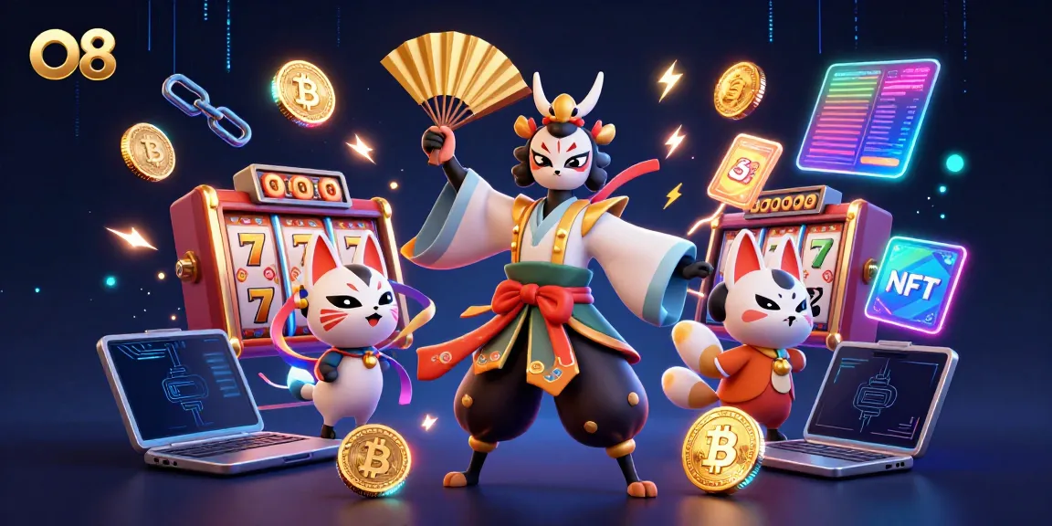 Engage with O8's vibrant online gaming scene featuring kabuki warrior and kitsune mask.