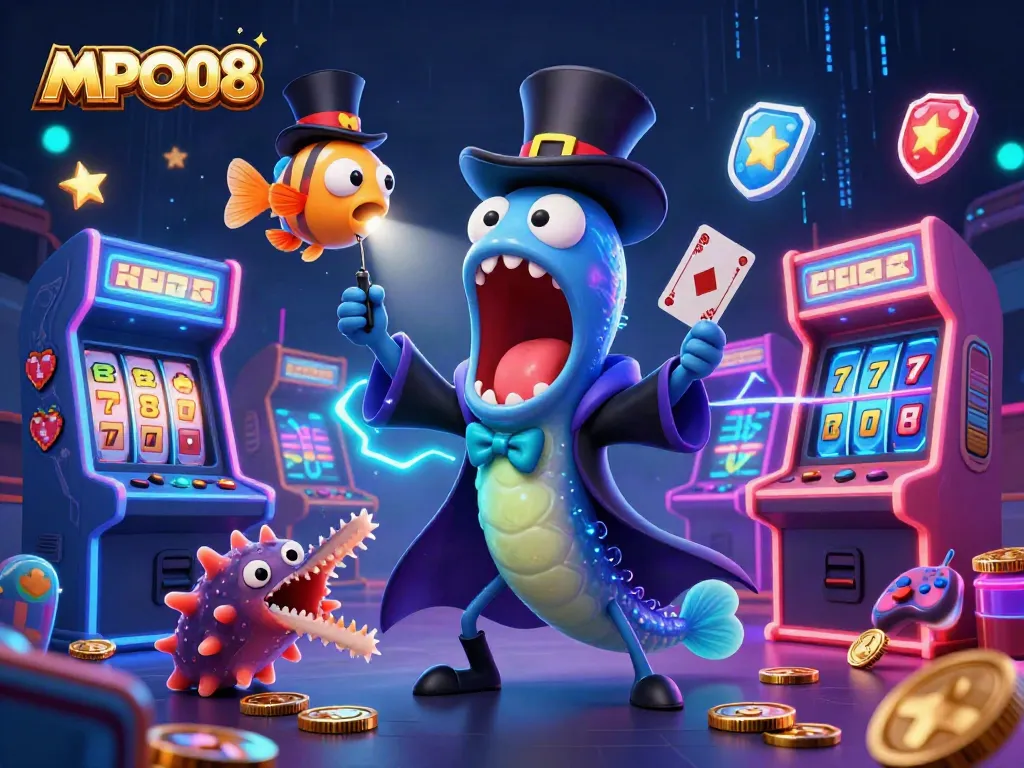 MPO08 showcases a cartoon eel magician performing thrilling card tricks surrounded by casino-themed game elements.