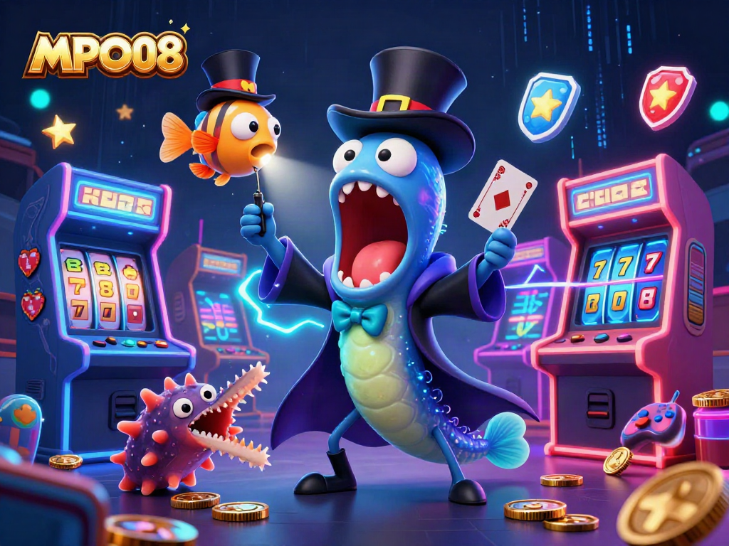 MPO08 showcases a cartoon eel magician performing thrilling card tricks surrounded by casino-themed game elements.