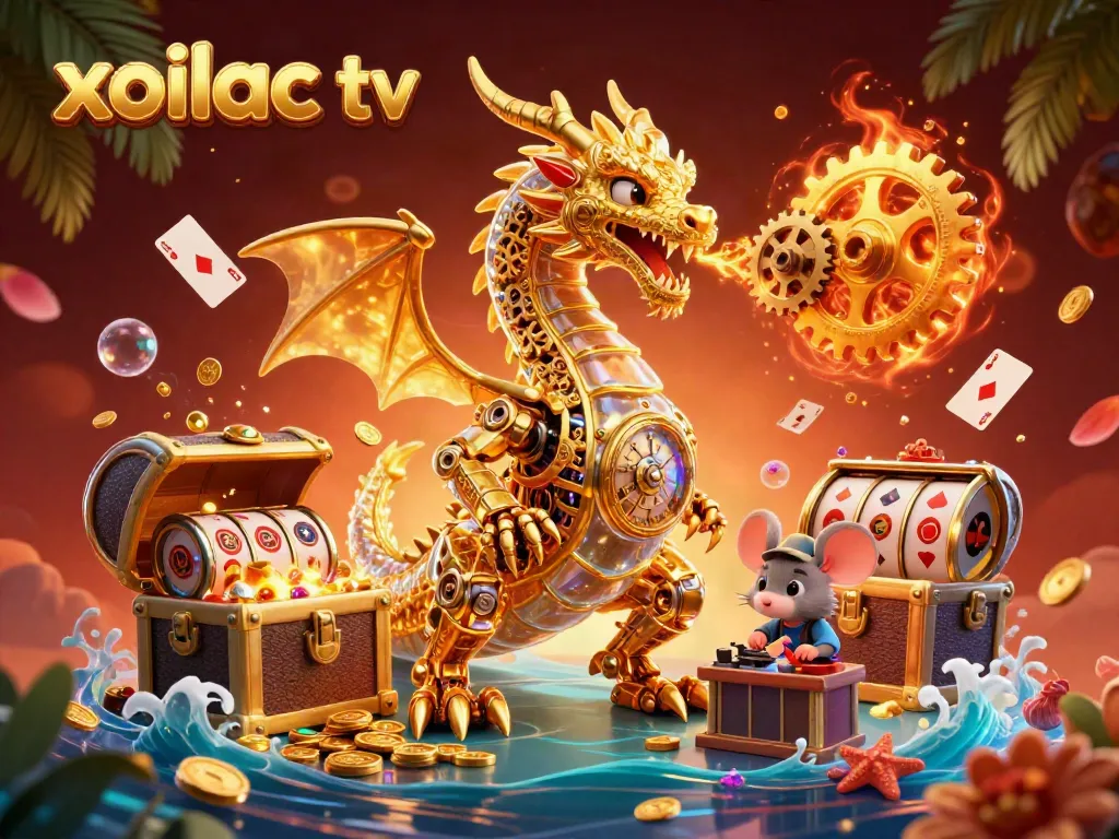 Xoilac TV exciting gambling illustration featuring a golden dragon, colorful gems, and dynamic playing cards.