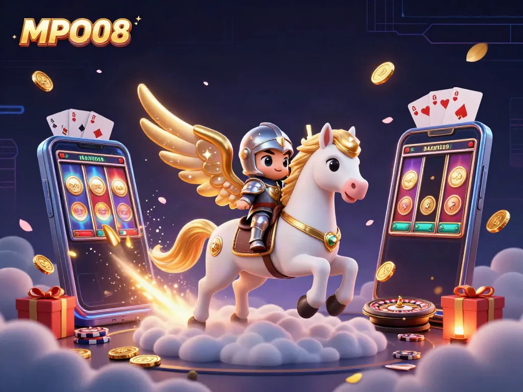 Engage with MPO08: Dynamic 3D illustration showcasing a celestial horse, knight, and casino elements.
