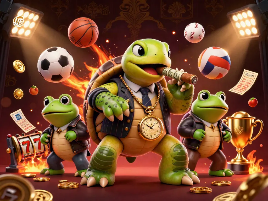Engage with UGDEWA's thrilling gaming experience featuring a snapping turtle and bullfrog enforcers amidst dynamic casino elements.