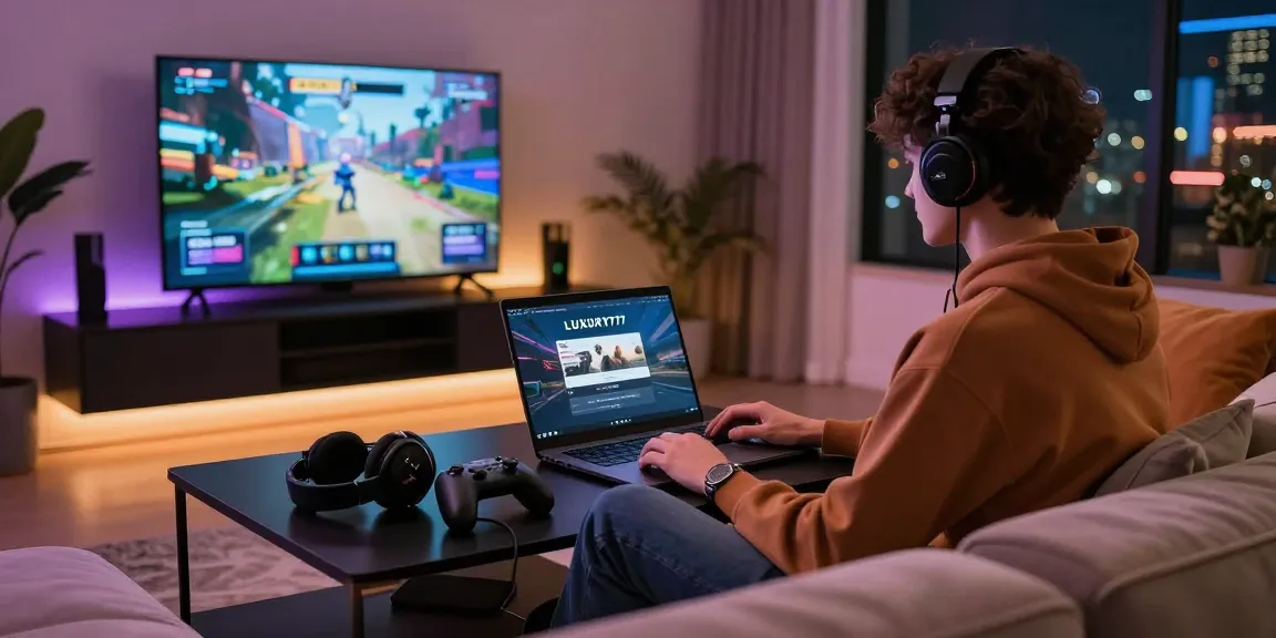 LUXURY777 Login di ruang gaming modern dengan laptop dan aksesori penuh gaya.
