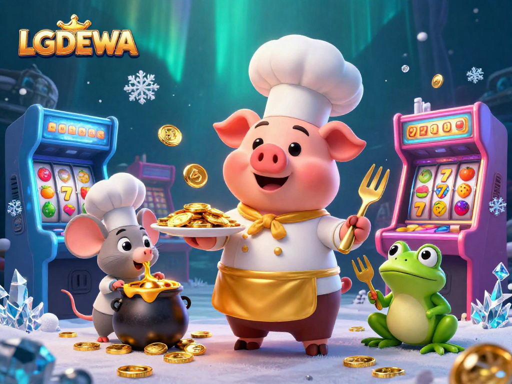 Engage with LGODEWA as a cartoon chef pig serves gold coins in a vibrant casino scene.