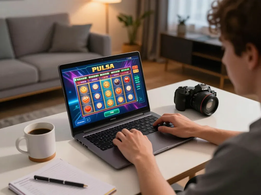 Engaging with slot pulsa online in a cozy home setup, highlighting strategic gameplay and excitement.