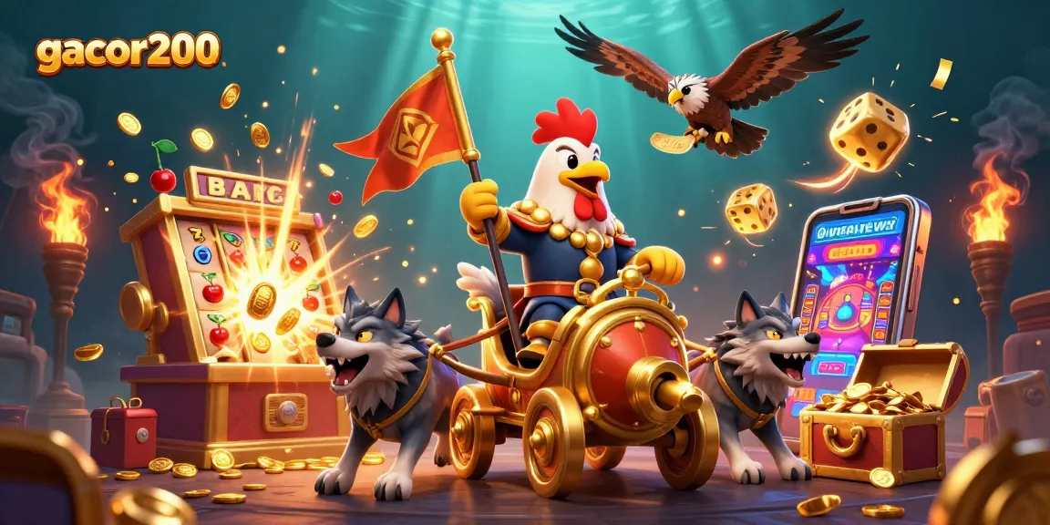 Rol permainan menarik di gacor200 dengan ilustrasi ayam jantan, kereta emas, dan mesin slot yang meledak.