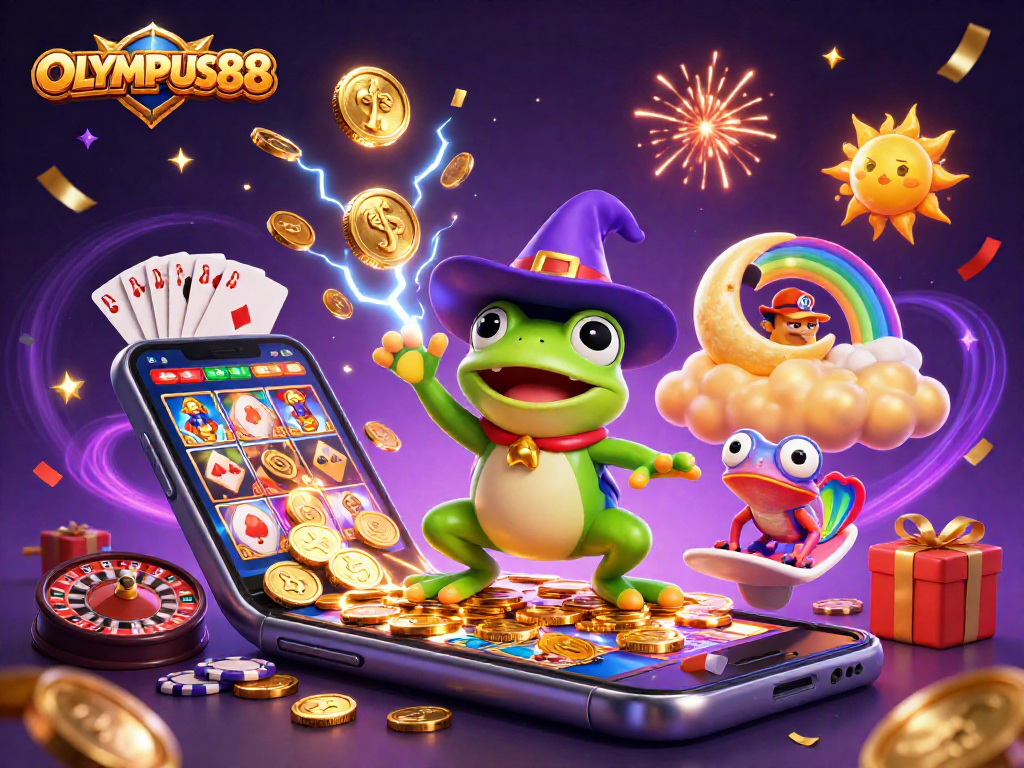 Spin the reels with OLYMPUS88 in a dazzling scene of golden coins and exciting slot games.