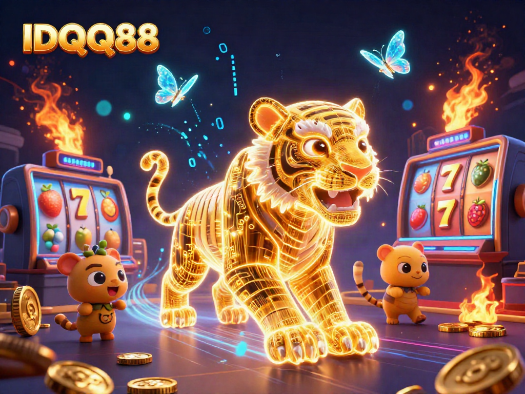 Experience the excitement of IDQQ88 with a vibrant casino scene featuring a neon golden tiger and slot reels.