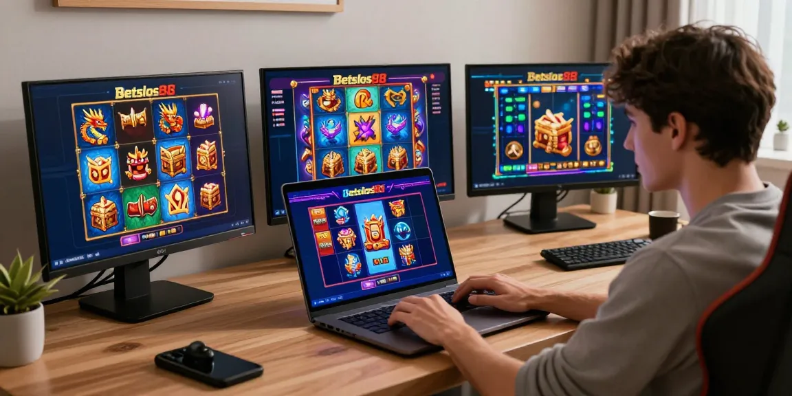 Pengguna menikmati permainan slot di platform betslots88 dengan grafik berwarna-warni di laptop.