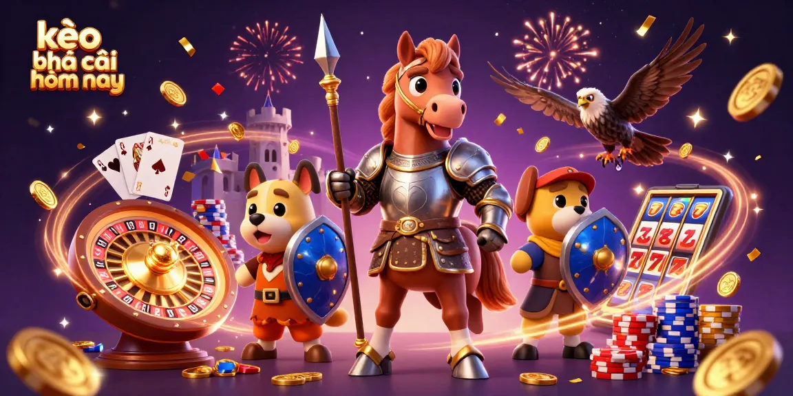 Experience the excitement of kèo nhà cái hôm nay with a vibrant 3D illustration featuring a medieval knight, a puppy squire, and dynamic casino elements.