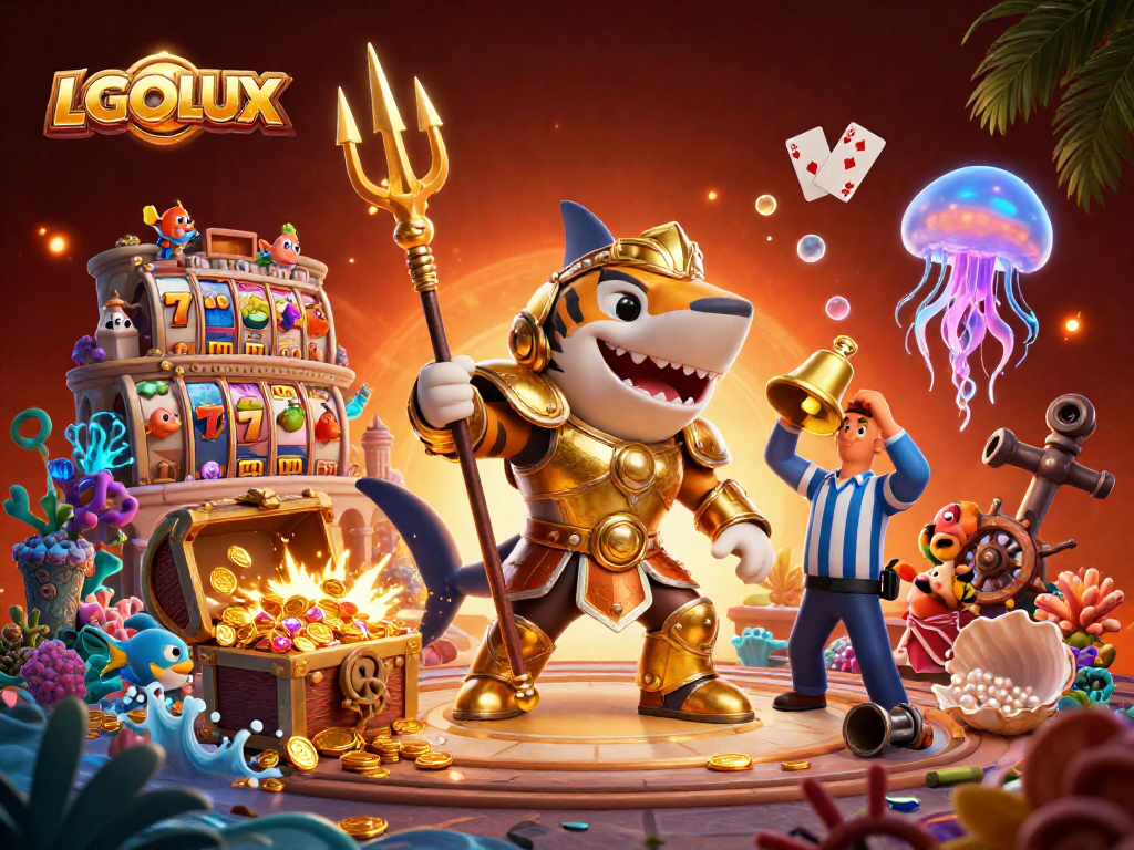 Engage in thrilling games at LGOLUX with a vibrant underwater casino scene featuring a tiger shark in gladiator armor.