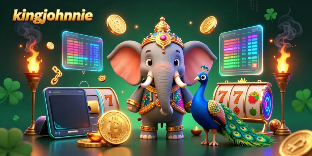 Join the excitement at kingjohnnie with vibrant 3D crypto elements, an elephant, and festive designs.