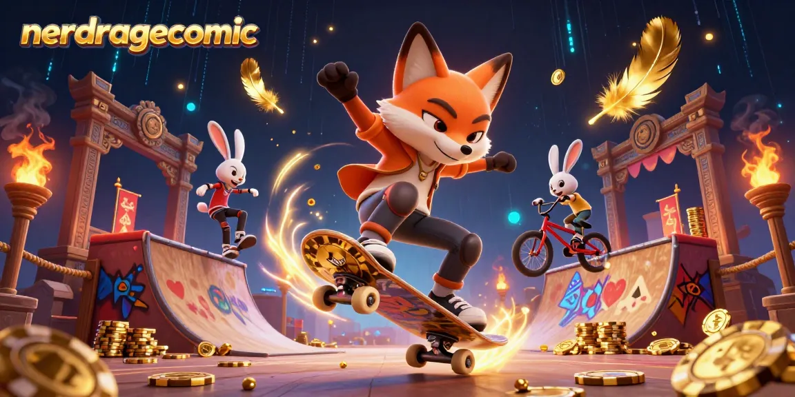 Gambaran 3D nerdragecomic yang menampilkan rubah skateboard melakukan trik di atas chip poker emas.