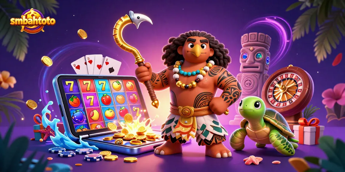 Experience the thrill of sembahtoto with a dynamic 3D casino scene featuring a demigod and slot games.