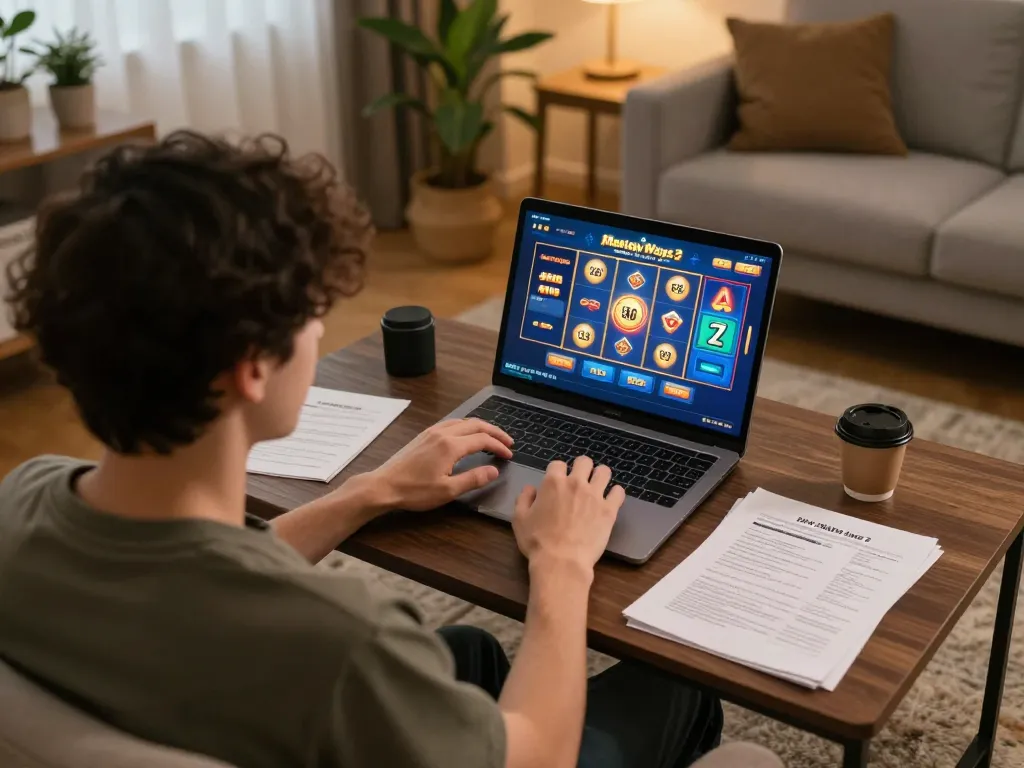 Bermain Mahjong Ways 2 pola menang malam di laptop dalam suasana rumah yang nyaman, menunjukkan permainan strategis.