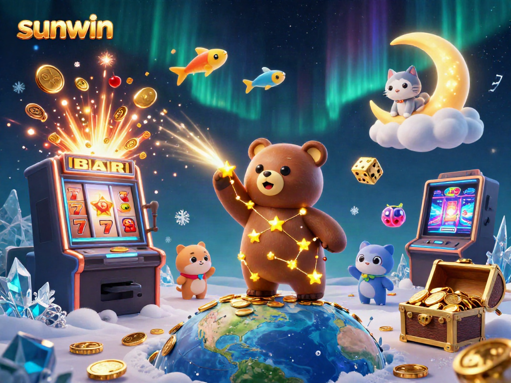 Experience fortune and thrills with sunwin's vibrant casino-themed 3D illustration showcasing slot machines and dazzling characters.