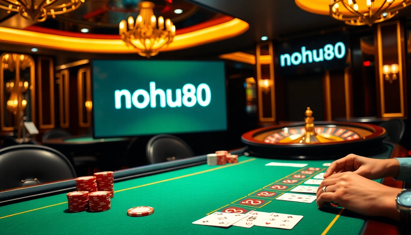 Experience the thrill of nohu90 at a luxurious casino table with vibrant poker chips and cards.