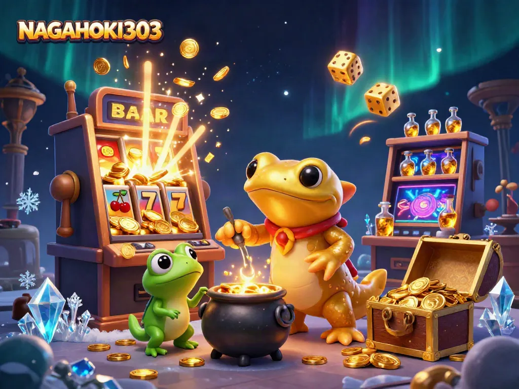 NAGAHOKI303 showcases an enchanting alchemist scene with golden coins and vibrant slot visuals.