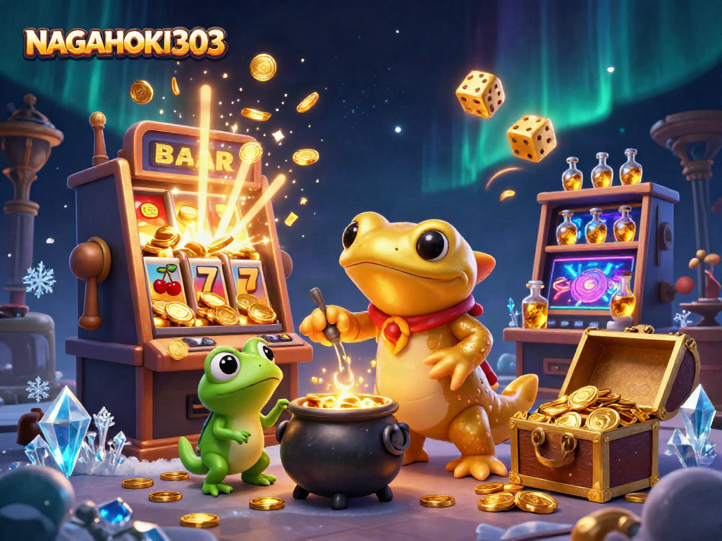 NAGAHOKI303 showcases an enchanting alchemist scene with golden coins and vibrant slot visuals.