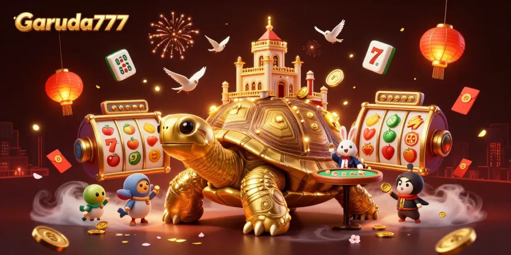 Permainan slot Garuda777, pengalaman bermain yang penuh keberuntungan dan hiburan, tampil dalam ilustrasi 3D yang cerah.