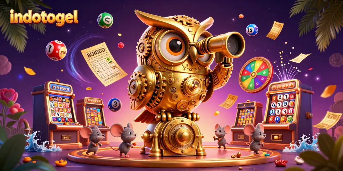 Experience the excitement of gaming with indotogel's dynamic casino illustration featuring a golden owl and playful mice.