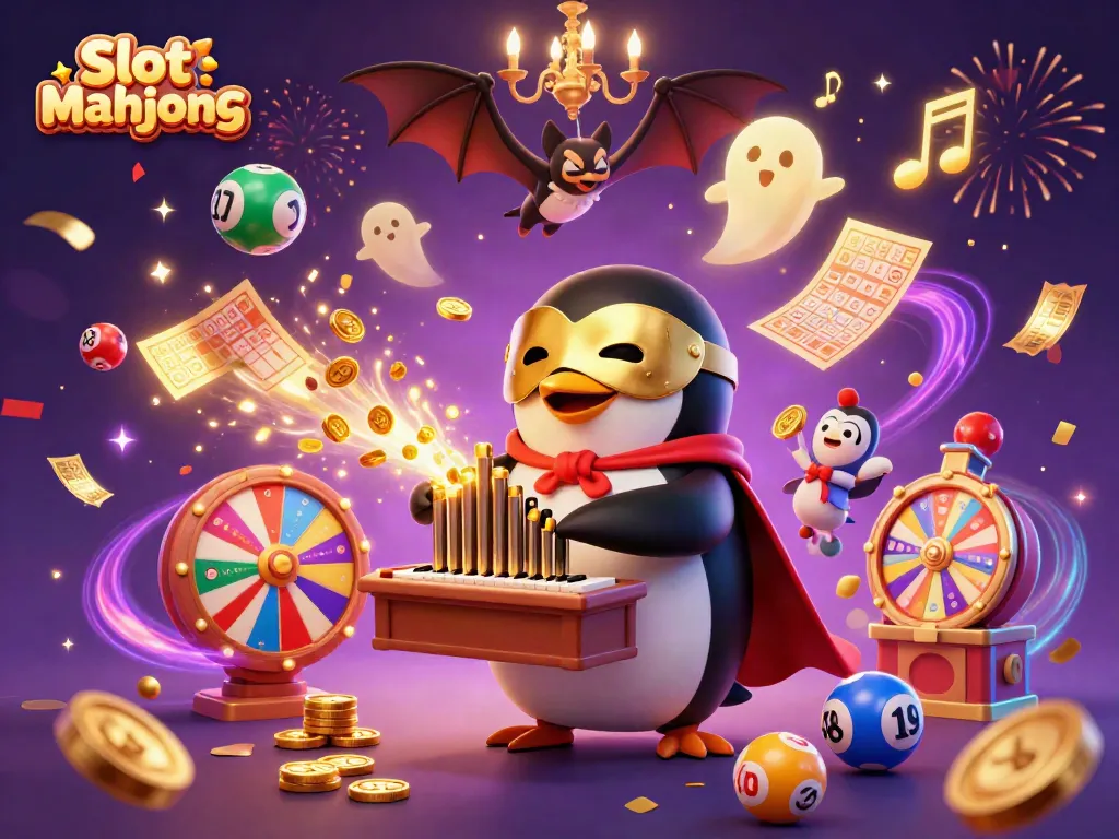 Pemain slot mahjong beraksi dengan penguin opera kartun bermasker setengah emas dan koin emas terbang di sekelilingnya.