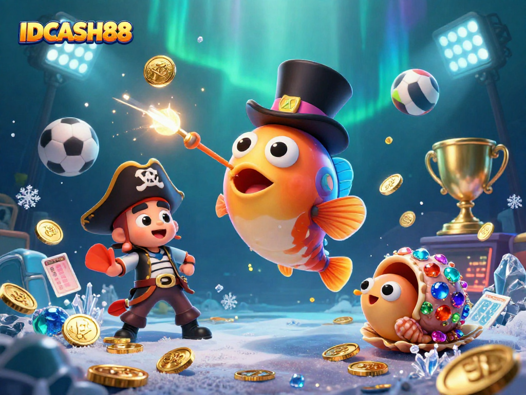 Attract golden coins with IDCASH88 in this vibrant underwater casino scene featuring animated characters.