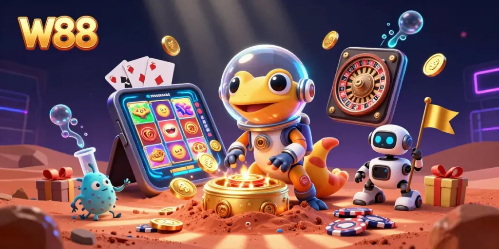 Experience exhilarating W88 gaming in a vibrant Martian casino scene with golden treasures!