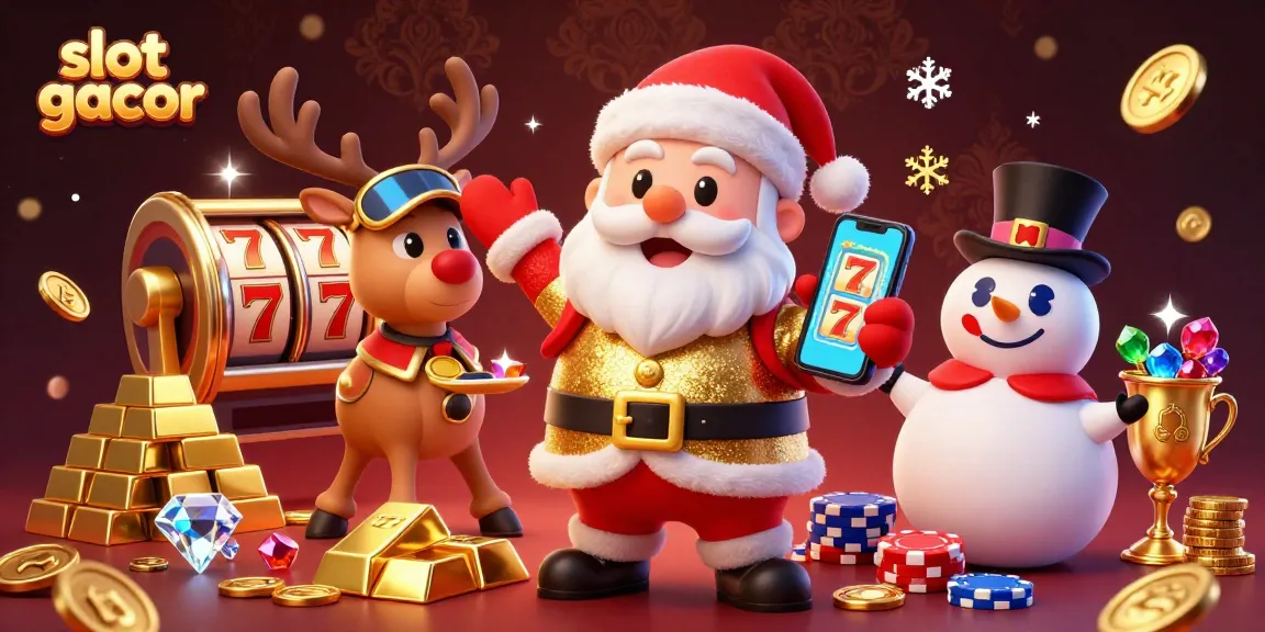 Experience slot gacor fun with Santa and friends in a vibrant casino scene.
