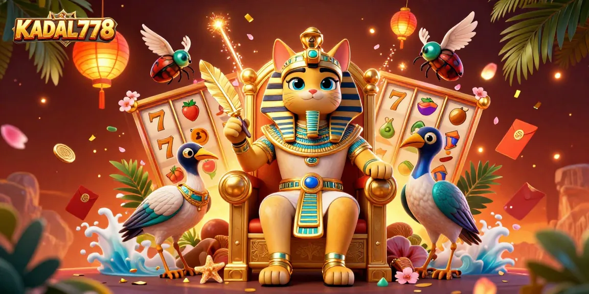 Play exciting slots with KADAL778 in a vibrant casino scene featuring golden thrones and festive elements.