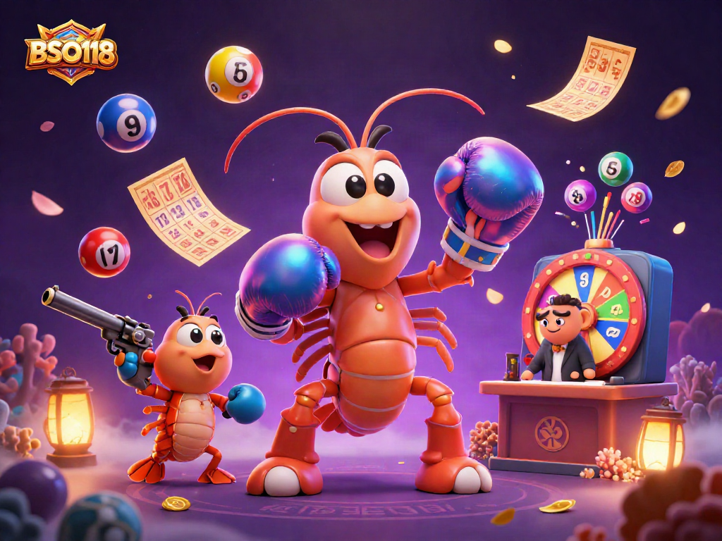 BSO118 showcases lottery excitement with colorful elements and vibrant characters in a dynamic 3D illustration