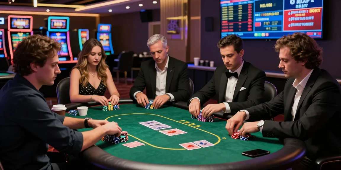 Kediritoto dalam suasana kasino modern, pemain poker bersemangat di meja taruhan tinggi.