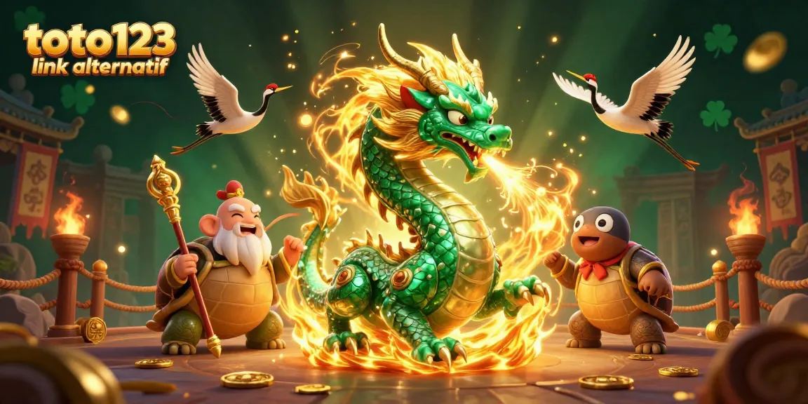 Join the excitement at toto123 link alternatif with the mystical jade dragon and lucky cranes in a vibrant casino scene.