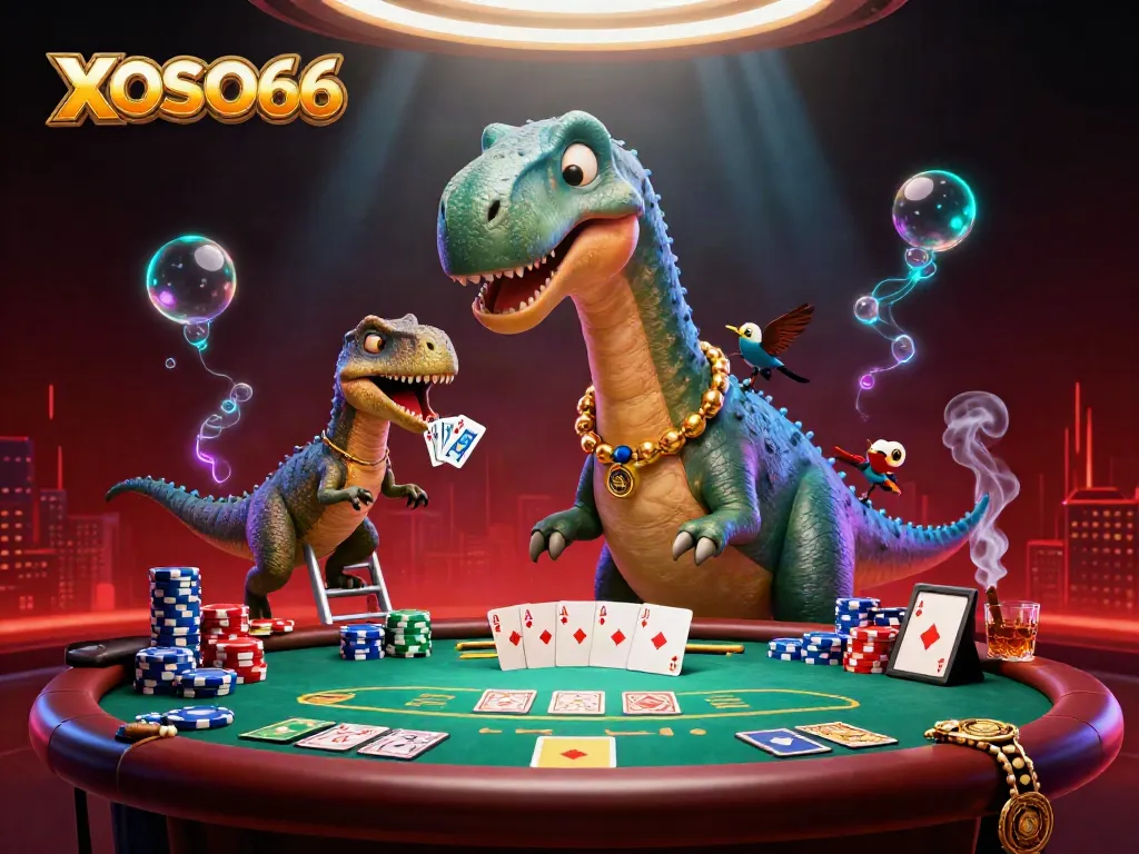 Experience XOSO66 with a towering brontosaurus in a vibrant casino scene, capturing thrilling gameplay.