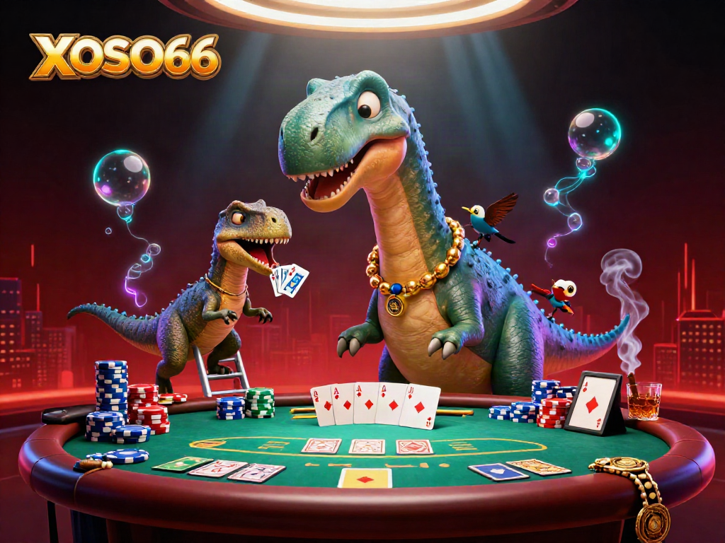 Experience XOSO66 with a towering brontosaurus in a vibrant casino scene, capturing thrilling gameplay.