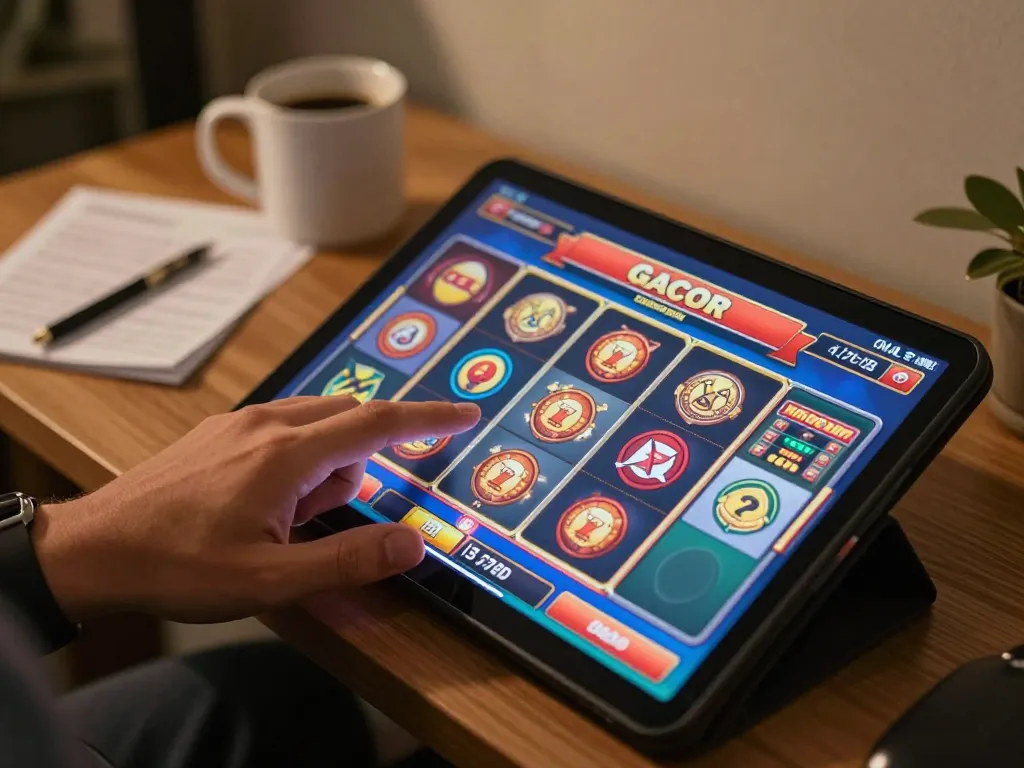 Momen permainan online yang menarik menunjukkan slot gacor gampang menang di tablet dalam suasana rumah yang nyaman.
