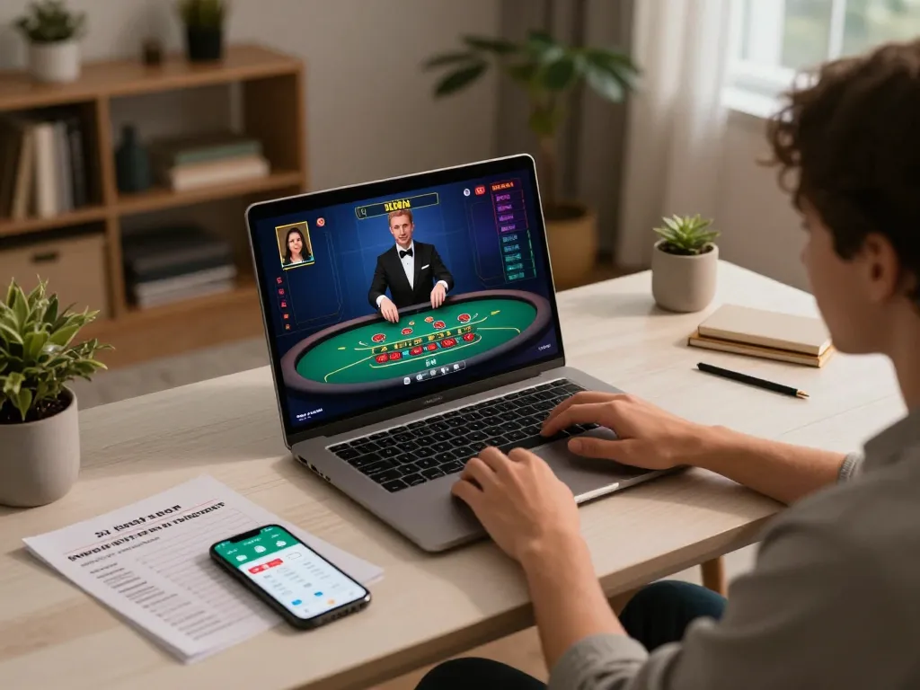 Kuwin player engaging in live dealer games at home with laptop, showcasing interactive blackjack table.
