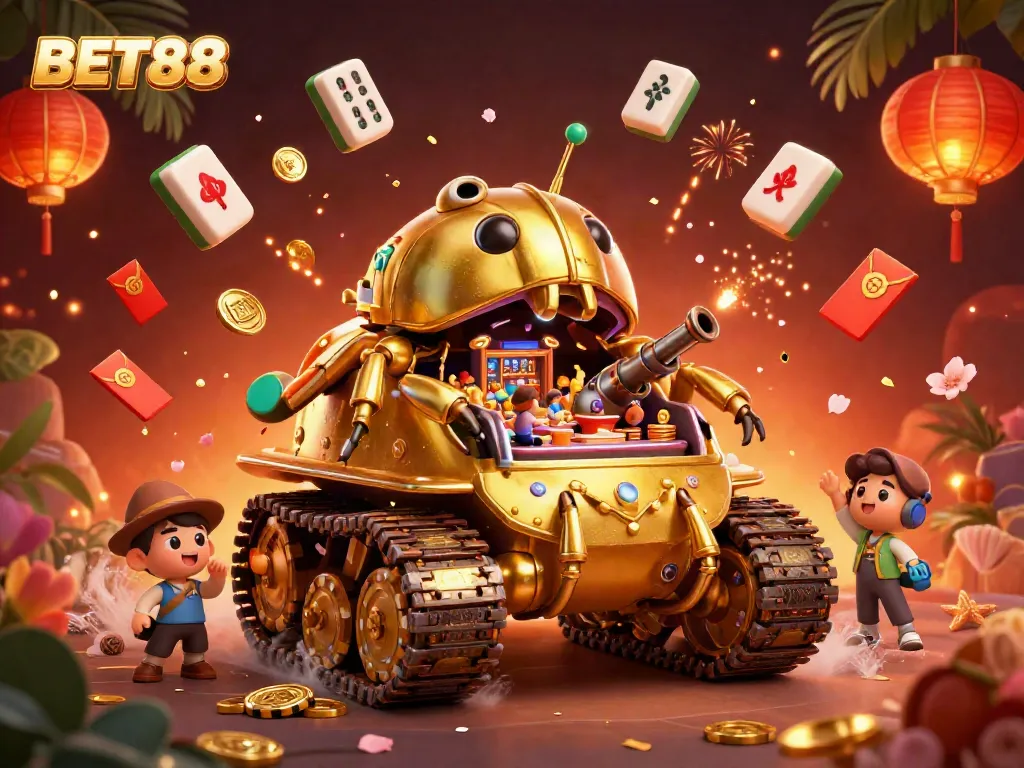 Experience the vibrant betting world of BET88 with a golden beetle tank casino and festive decorations.