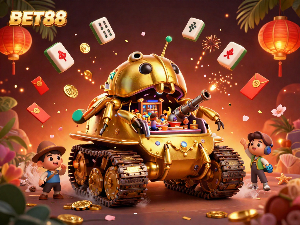 Experience the vibrant betting world of BET88 with a golden beetle tank casino and festive decorations.