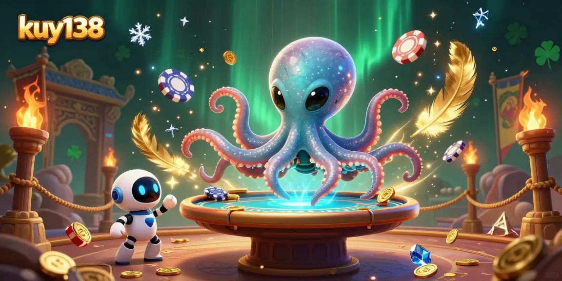 Kuy138 menampilkan alien gurita beraksi di meja poker holografik, dikelilingi efek tema kasino.