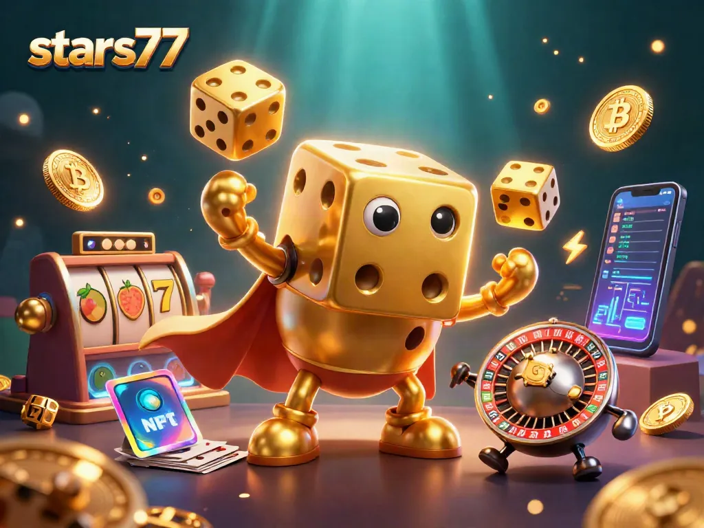 Taruhan di stars77 dengan simbol slot, dadu emas, dan elemen kasino menarik.
