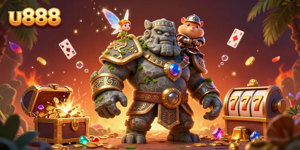 Experience the excitement of u888 with a magical scene featuring a golem guardian, fairy, and hamster knight amidst casino elements.