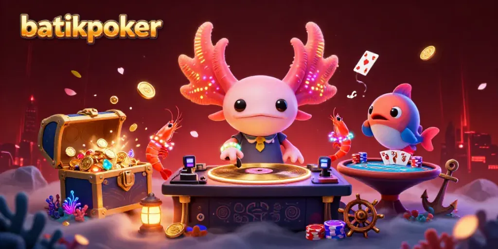 Gambar semarak batikpoker dengan DJ axolotl dan karakter laut lainnya dalam suasana kasino yang mendebarkan.
