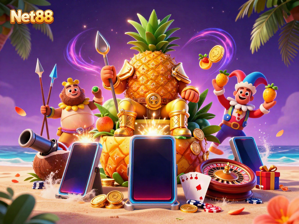 Join the excitement at Net88 with a vibrant 3D casino scene featuring a pineapple king, tropical elements, and engaging gaming action.